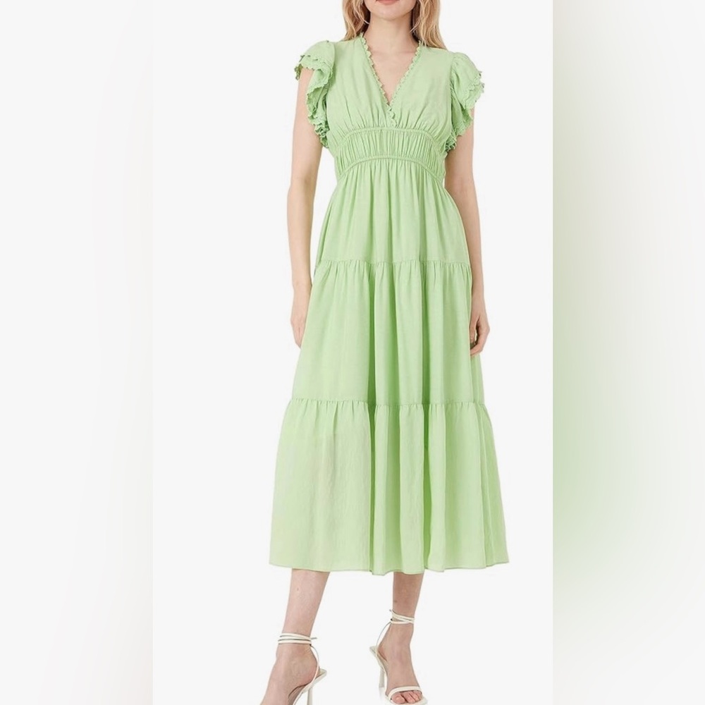 Free the Roses Green Ruffle Tiered Cotton Maxi Dress Size L